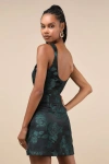 Lulus Brighter Side Black And Green Floral Satin Jacquard Mini Dress In Black