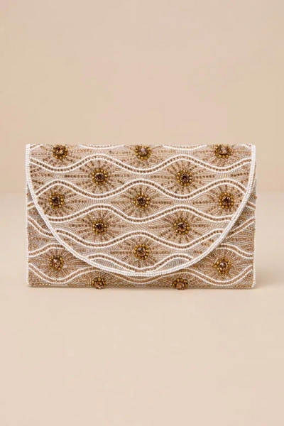 Lulus Brightest Sensation Taupe Beaded Rhinestone Sun Clutch In Brown