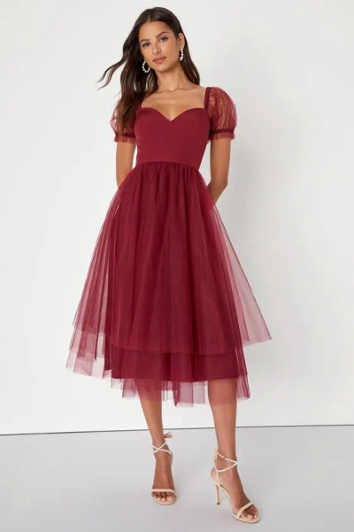 Lulus Brightly Beloved Wine Red Tulle Tiered Puff Sleeve Midi Dress