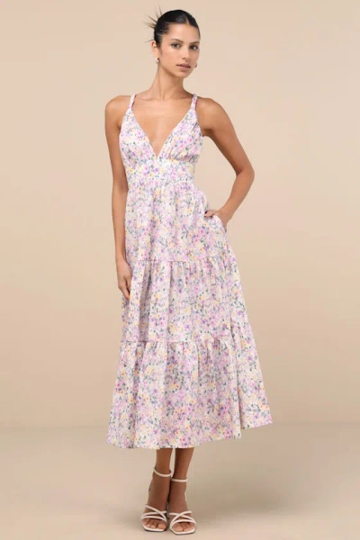 Lulus Brightly Blossoming Pink Multi Floral Tiered Midi Dress