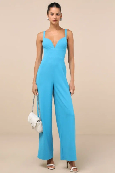Lulus Brighton Bright Blue Plunge Wide-leg Jumpsuit