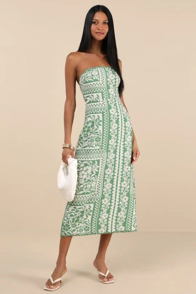 Lulus Brigita Green Floral Strapless Column Midi Dress