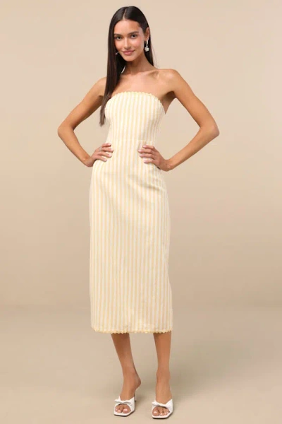 Lulus Brigita Yellow Striped Strapless Column Midi Dress