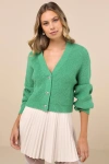 Lulus Brilliant Cutie Green Bow Button-front Cropped Cardigan In Green