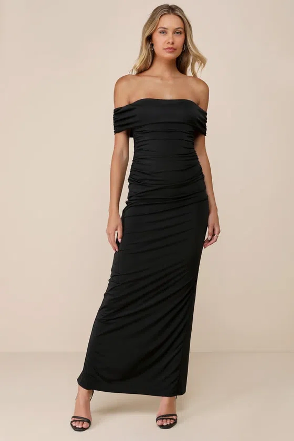 off shoulder open back dress Off Shoulder Ruched Zipper Back Bodycon Dress, Brown / XS