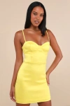 Lulus Brilliant Flirt Neon Yellow Taffeta Bustier Mini Bodycon Dress In Yellow