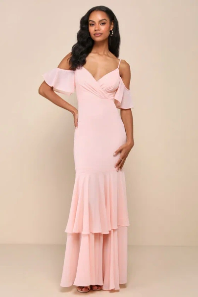 Lulus Brilliant Perfection Blush Pink Cold-shoulder Tiered Maxi Dress