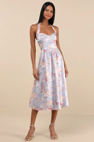 Lulus Briselda Light Blue Floral Organza Halter Midi Dress