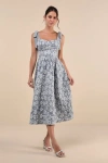 Lulus Bubbly Bliss Slate Blue Jacquard Bustier Tie-strap Midi Dress In Slate Blue