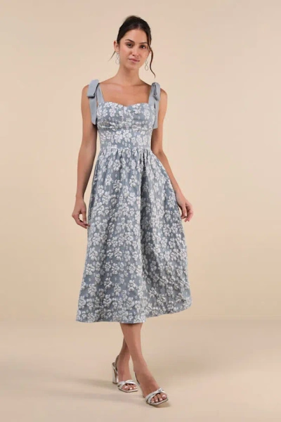Lulus Bubbly Bliss Slate Blue Jacquard Bustier Tie-strap Midi Dress