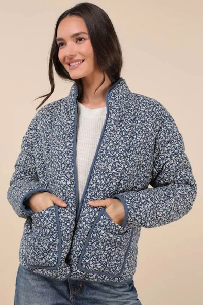 Lulus Bundled Perfection Blue Floral Quilted Puffer Jacket