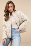 Lulus Bundled Perfection Light Beige Floral Quilted Puffer Jacket In Beige