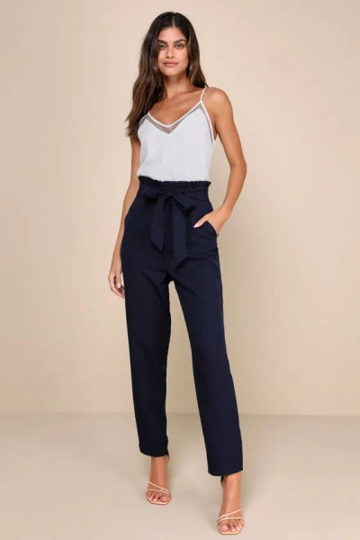 Lulus Busy Babe Navy Blue Paperbag Waist Straight Leg Pants