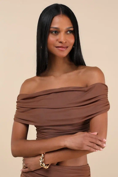Lulus Cadie Brown Mesh Off-the-shoulder Top