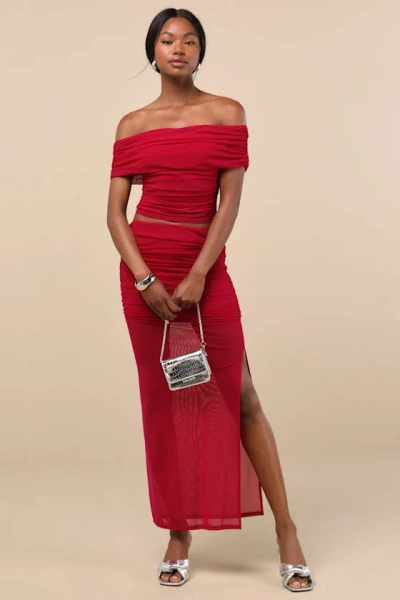 Lulus Cadie Red Sheer Mesh Ruched Maxi Skirt