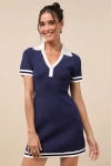 Lulus Calculated Charm Navy And White Collared Mini Sweater Dress In Navy