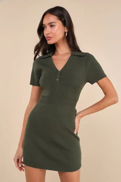 Lulus Calculated Charm Olive Green Collared Mini Sweater Dress