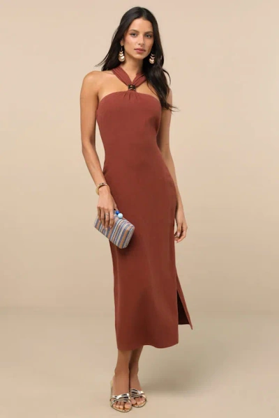 Lulus Calessia Rust Brown Linen Halter Neck Midi Dress