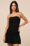 Lulus Calix Black Strapless Ruched Bubble-hem Mini Dress