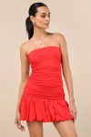 Lulus Calix Red Orange Strapless Ruched Bubble-hem Mini Dress