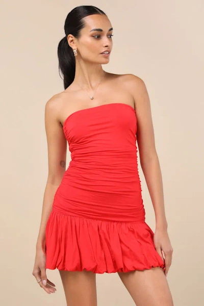 Lulus Calix Red Orange Strapless Ruched Bubble-hem Mini Dress