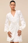 Lulus Callias Ivory Burnout Floral Jacquard Long Sleeve Mini Dress In Ivory