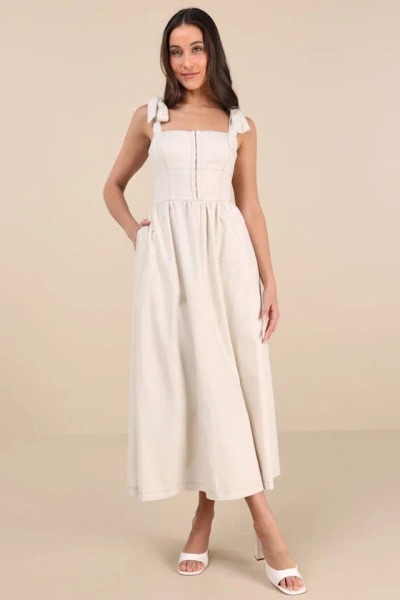 Lulus Callina Cream Tie-strap Midi Dress In White