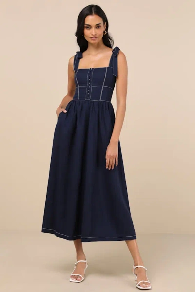 Lulus Callina Dark Blue Tie-strap Midi Dress