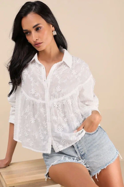 Lulus Calrose White 3d Floral Embroidered Long Sleeve Button-front Top
