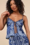 Lulus Calypso Blue Bandana Print Tie-front Cami Top In Blue
