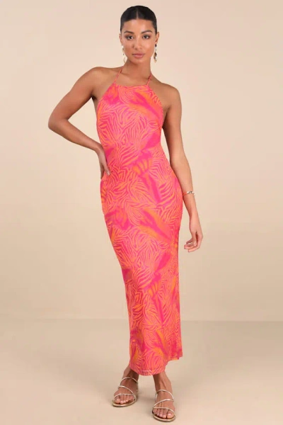 Lulus Camadi Hot Pink Animal Print Mesh Backless Midi Dress