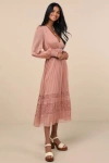 Lulus Cambree Mauve Pink Pleated Blouson Sleeve Lace Midi Dress In Mauve Pink