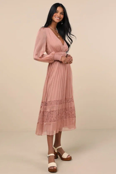 Lulus Cambree Mauve Pink Pleated Blouson Sleeve Lace Midi Dress