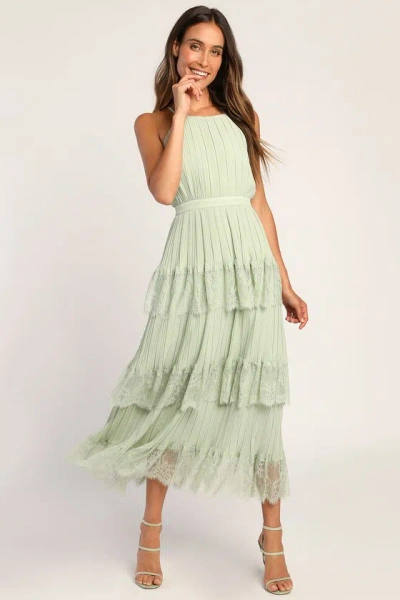 Lulus Came For Cocktails Sage Green Pleated Tiered Lace Maxi Dress