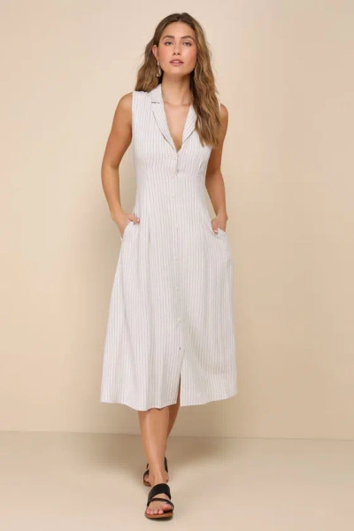 Lulus Campagna Charm Ivory Pinstriped Linen Midi Dress With Pockets