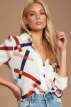 Lulus Camrose White Geometric Print Button-up Long Sleeve Top In White