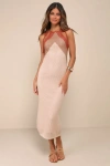 Lulus Cancun Calling Taupe Multi Crochet Halter Midi Sweater Dress In Taupe