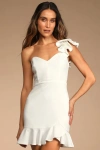 Lulus Captivate Me White One-shoulder Ruffled Trumpet Mini Dress In White