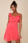 LULUS CAPTIVATING ALWAYS CORAL PINK RUFFLED ASYMMETRICAL MINI DRESS