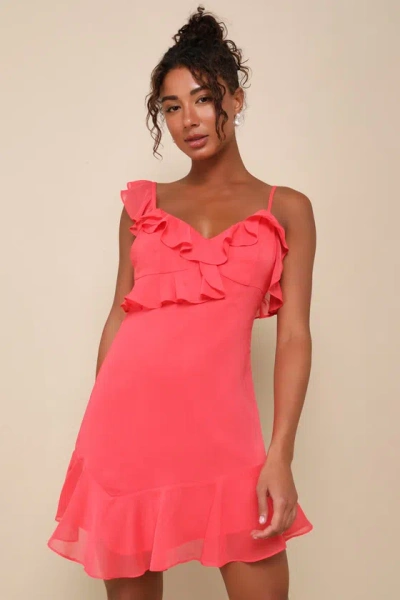 Lulus Captivating Always Coral Pink Ruffled Asymmetrical Mini Dress