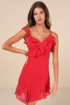 Lulus Captivating Always Red Ruffled Asymmetrical Mini Dress In Red