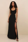 Lulus Captivating Charisma Black Ruffled Cutout Tie-back Maxi Dress In Black