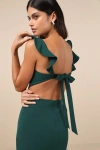 Lulus Captivating Charisma Emerald Ruffled Cutout Tie-back Maxi Dress In Green