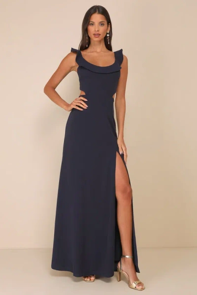 Lulus Captivating Charisma Navy Ruffled Cutout Tie-back Maxi Dress