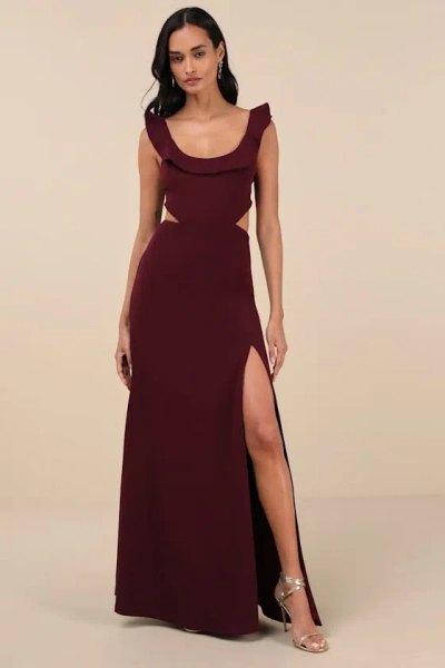 Lulus Captivating Charisma Plum Ruffled Cutout Tie-back Maxi Dress In Purple