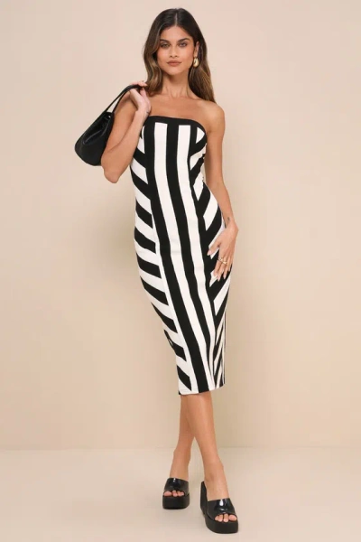 Lulus Captivating Choice Black And Ivory Striped Strapless Midi Dress