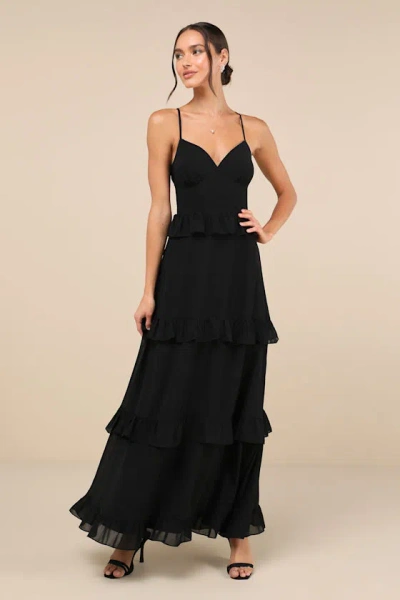 Lulus Captivating Class Black Ruffled Tiered Lace-up Maxi Dress | ModeSens