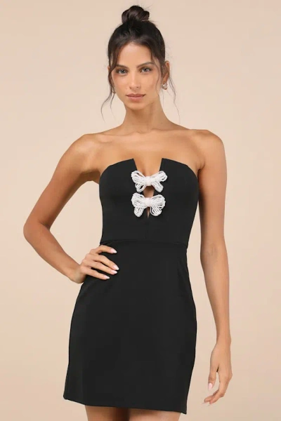 Lulus Captivating Figure Black Pearl Beaded Bow Strapless Mini Dress