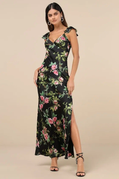 Lulus Captivating Grace Black Floral Satin Ruffled Maxi Dress