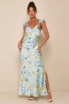 LULUS CAPTIVATING GRACE SAGE GREEN FLORAL SATIN RUFFLED MAXI DRESS